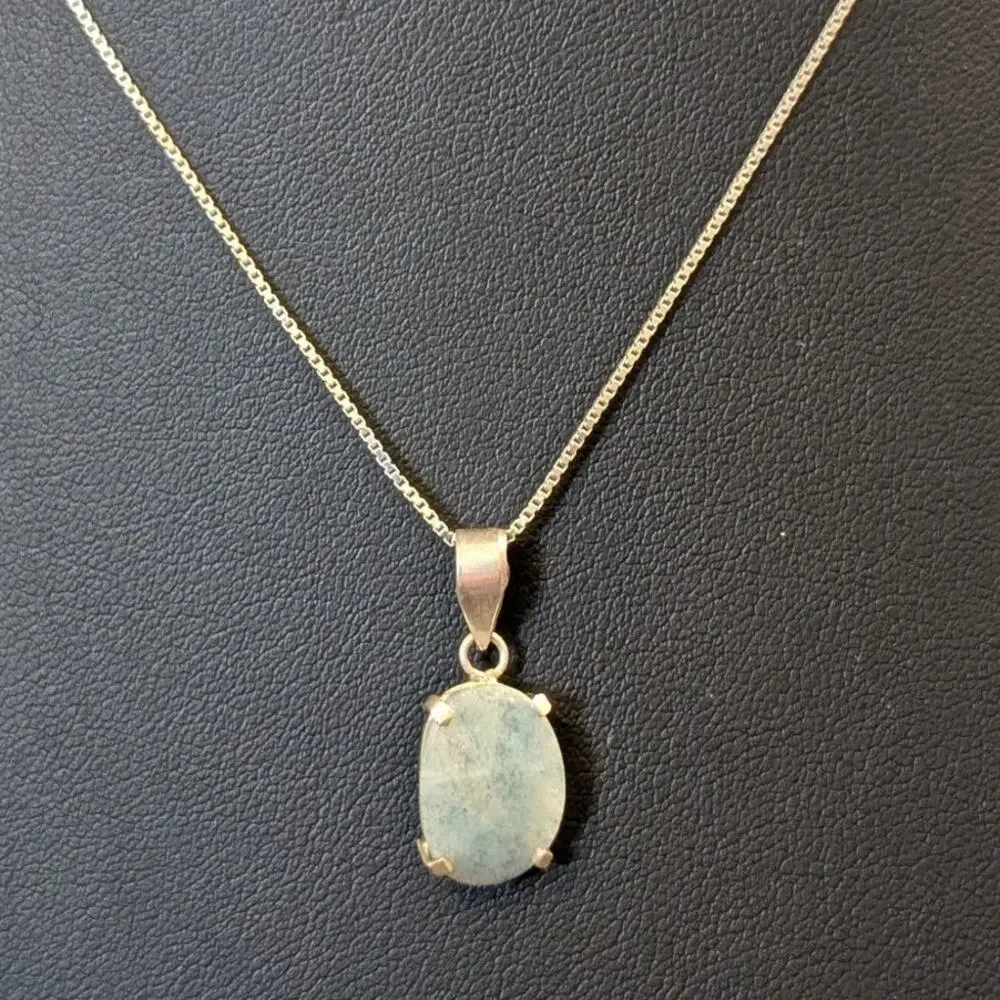 Vtg 925 Sterling Silver Natural Aquamarine March Birthstone Box Chain Necklace